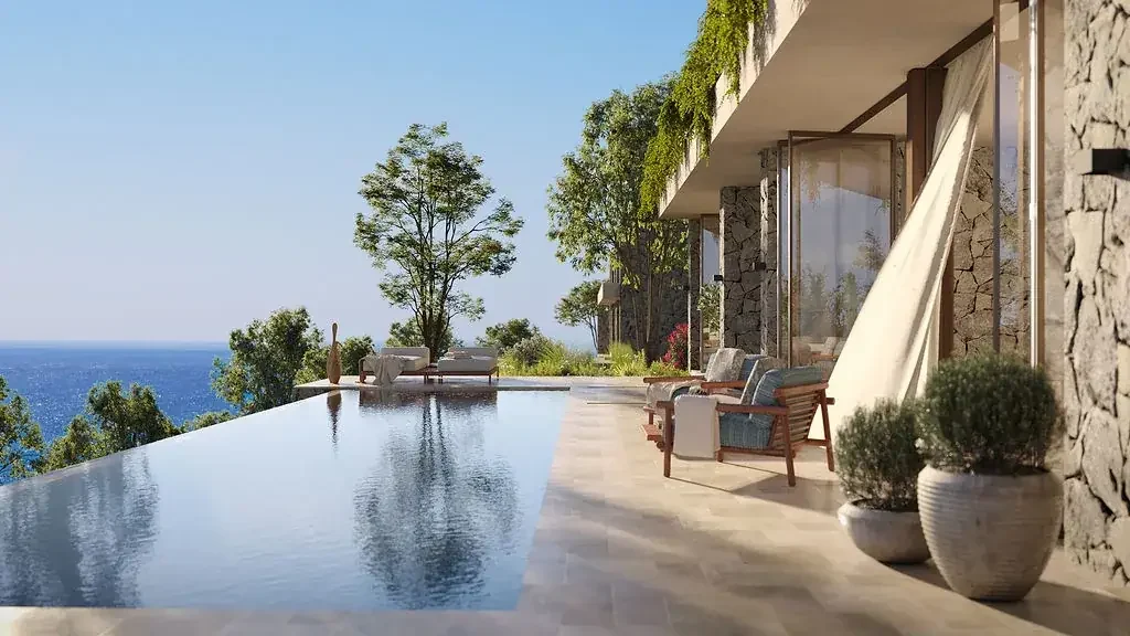 Developer visualisation of a pool terrace and stone residence at The Peaks