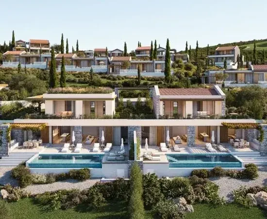 Townhouse terraces and pools at The Peaks, developer visualisation